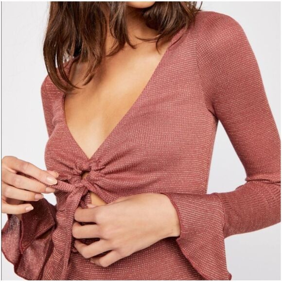 Free People Intimately Say When Long Sleeve Metallic Tie Front Top Size M - Picture 3 of 11